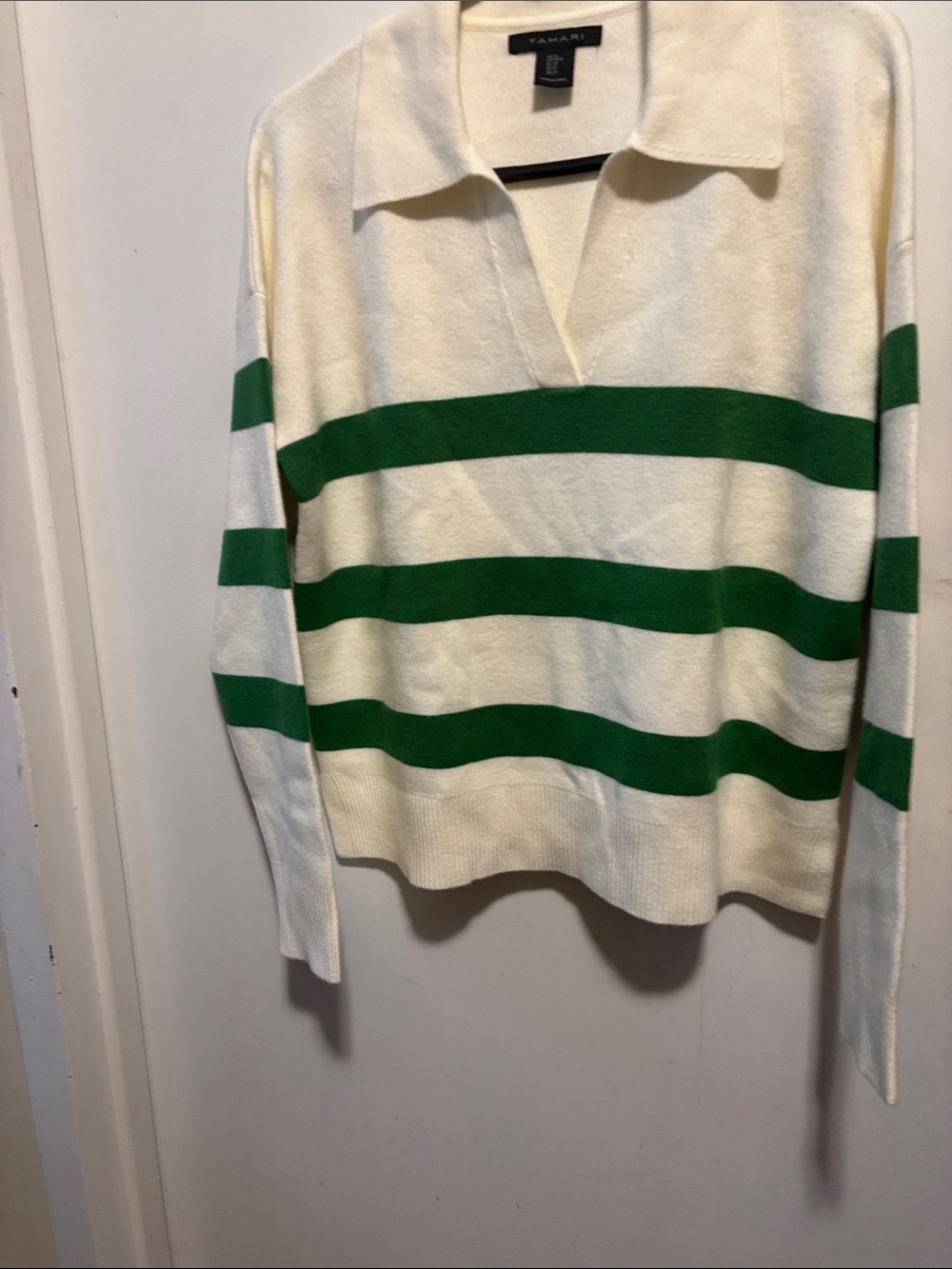 Tahari Cream Sweater with Green Stripes V-Neck Polo
